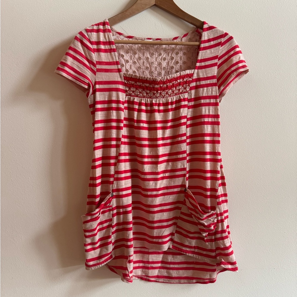Anthropologie Red and White Ruched Cap Sleeve Tunic